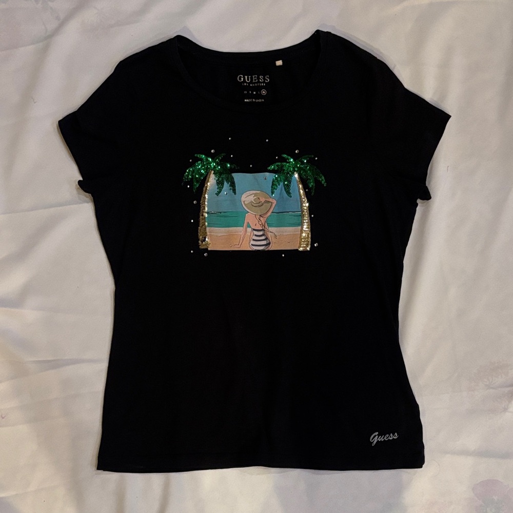 Vintage Guess Black Tee with Tropical Graphic